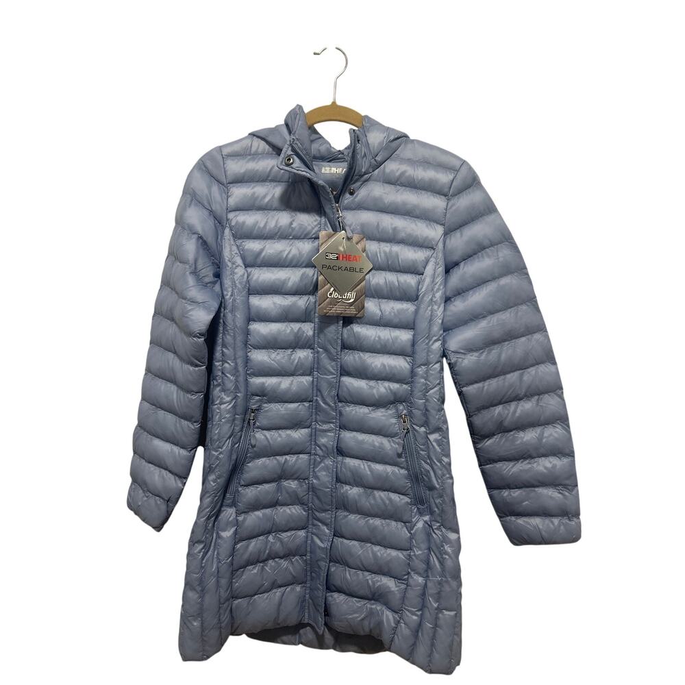 32 Degrees Heat Nylon Sky Blue Packable Long Hooded Insulated Puffer Coat S NWT